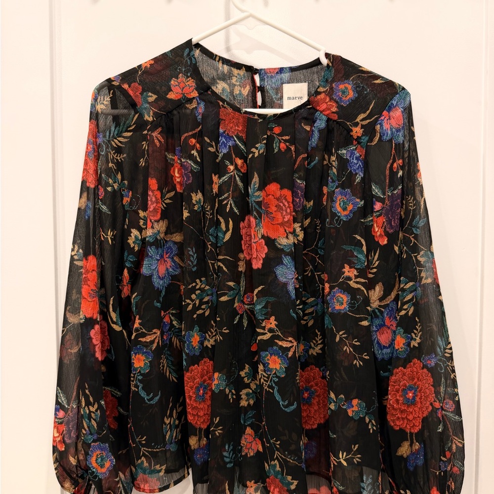 Maeve Black Floral Blouse with Red and Blue Accents